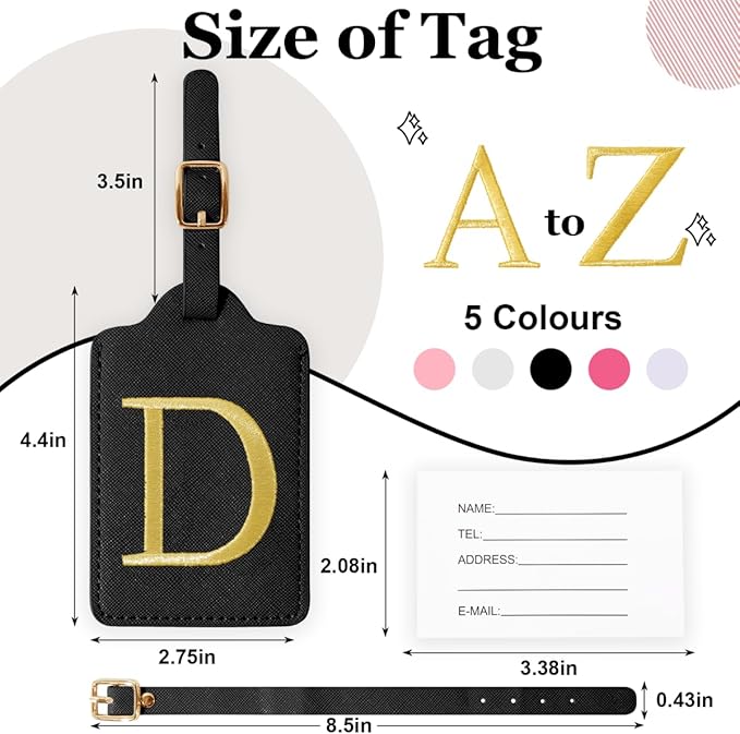 Personalized Initial Luggage Tags for Suitcases,Leather Letter Cute Luggage Tags with Privacy Name Card,Embroidered Monogrammed Travel Bag Backpack Tag Gifts for Women Kids Girls Teens(Black-D)