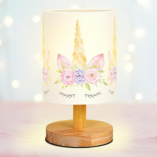 Unicorn Kids Table Lamp for Bedroom Kids Bedside Lamp with Linen Wooden Nightstand Cartoon Nursery Lampshade for Girls Boys Living Room