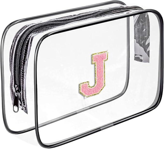 Clear Toiletry Bag,Portable Travel Toiletry Bag,Chenille Letter Cosmetic Bag with Zipper,Waterproof Makeup Bag,Cosmetic Storage Organizer for Women Men,Travel Essentials (Black,J)