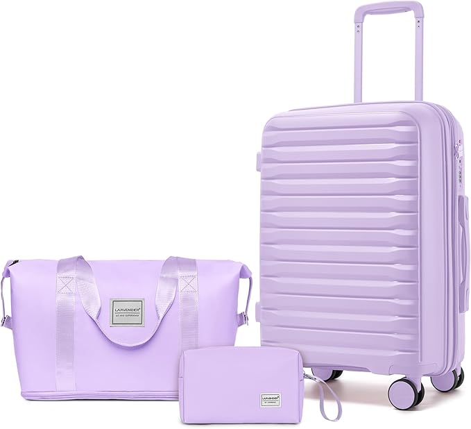 LARVENDER Luggage Sets 3 Piece, Expandable Hardside PP Carry On Luggage Suitcase with 360° Spinner Wheels TSA Lock Suitcase Set for Women Men, Lavender