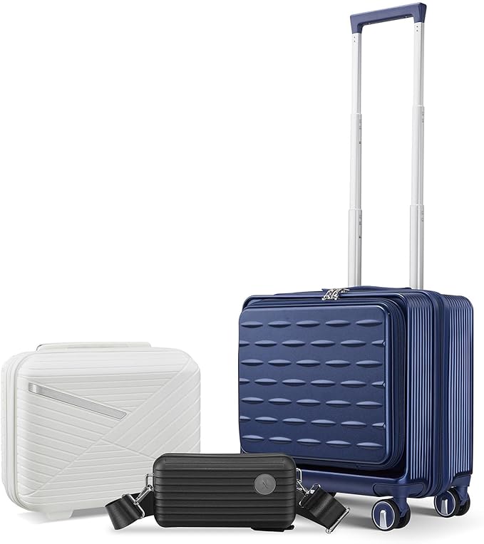3 Piece Luggage Set 16 Inch Carry On with Front Opening, Expandable PC Hardshell Suitcase with 14" Cosmetic Case & Handbag, Lightweight Underseat Rolling Luggage with TSA Lock & PVC Cover