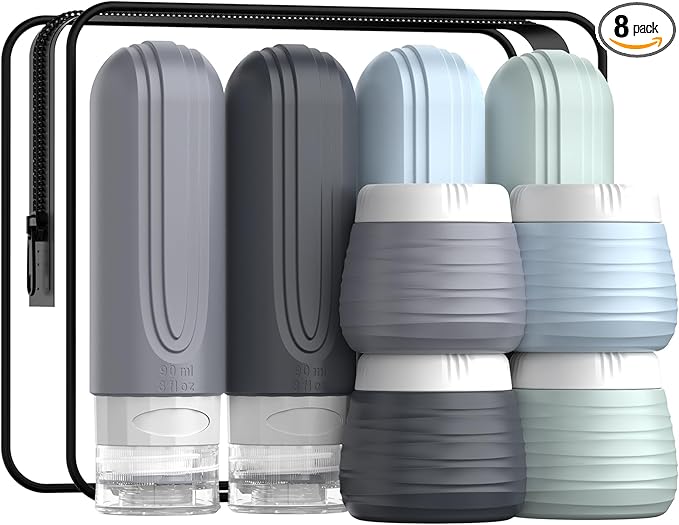 Travel Bottles for Toiletries 8 Pack, TSA Approved Travel Size Toiletries Containers Set, 4 Silicone Leak Proof Refillable Bottles and 4 Creams Jars Accessories Kit W/Clear Bag (GRAY)