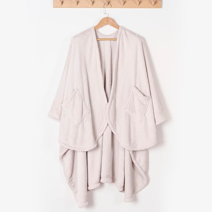 Berkshire Blanket Primalush™ Wearable Blanket, Cozy Loungewear Pocketed Plush Cape Wrap for Adults & Teens(Moonbeam, One Size 58"X64")