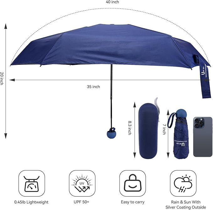 Mini Umbrella for Travel, Compact Folding Umbrella with Case, Lightweight 0.45lb Small Pocket for Backpack and Purse, Rain and Sun Protection - UPF 50+ Windproof Travel Umbrella Compact Mini for Outdoor Use