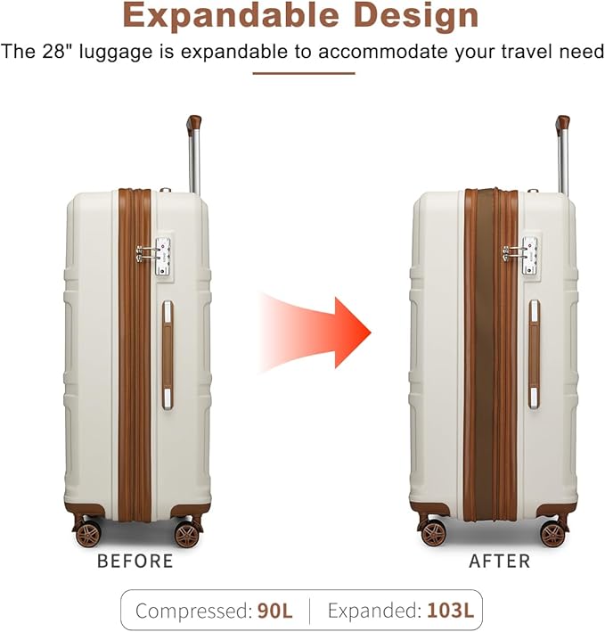Kono Suitcase Set 3 Piece Luggage Set Expandable(only 28") PC+ABS Carry On Hardside Luggage with TSA Lock Spinner Wheels (Cream White, 6 piece set)