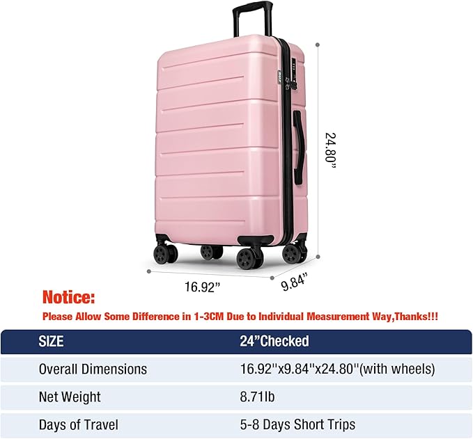 KYME 24 Inch Luggage TSA Approved Hardshell Suitcases with Spinner Wheels Durable PC+ABS Medium Checked Travel Luggage for Women Men Lt Purple