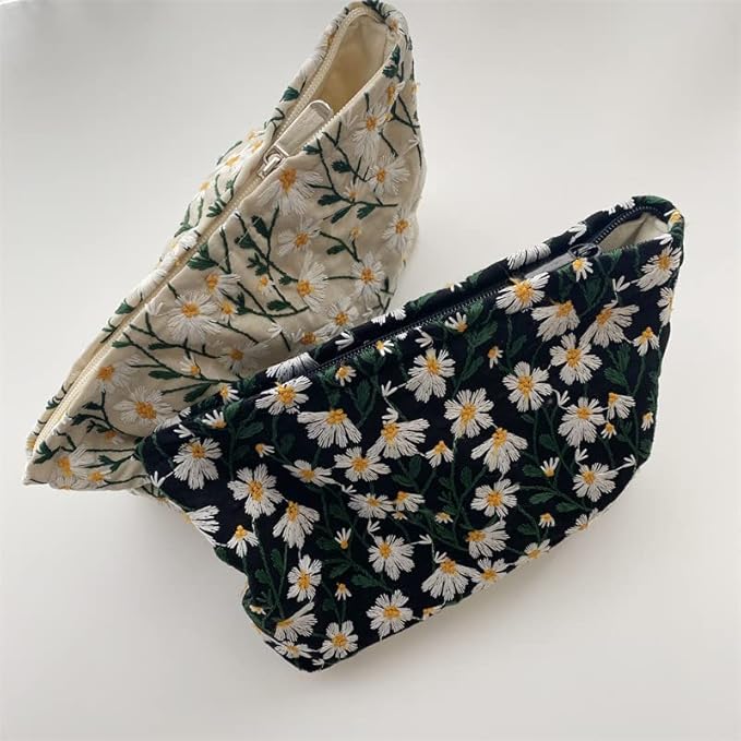 Makeup Bags for Purse Zipper Cosmetic Pouch Large Travel Canvas Make Up Organizer Tool Pouch for Women and Girls,Daisy Black