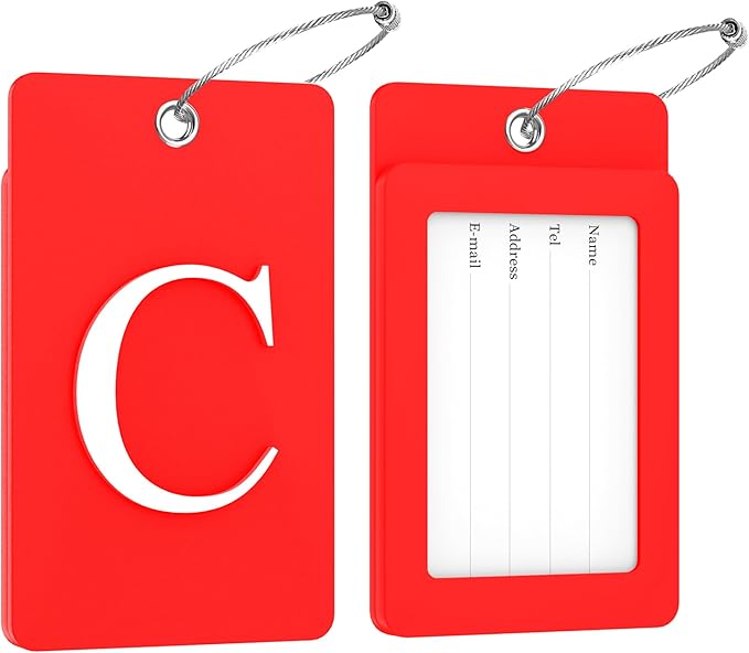Gostwo 2 Pack Luggage Tags for Suitcases, 26 Initial Letter Travel Luggage Baggage Identification Labels ID Tag Fully Bendable Tags with Stainless Steel Loop (Red) (Letter C)