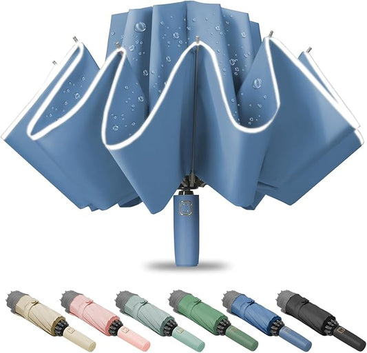 Fogkey Large Windproof Travel Umbrella, Portable Reverse Folding Car Umbrella, Compact Inverted Design with Waterproof Canopy, Automatic, 10 Durable Ribs, 45.6/13 Inch, Fits Backpack