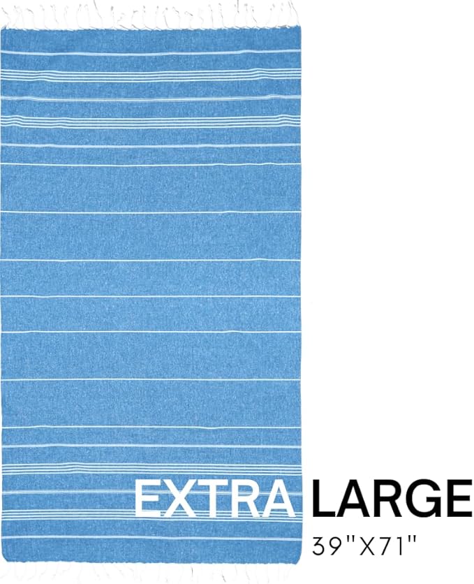 BAY LAUREL Turkish Beach Towel with Travel Bag 39 x 71 Quick Dry Sand Free Lightweight Large Oversized Towels Light (Blue with Red Bag)