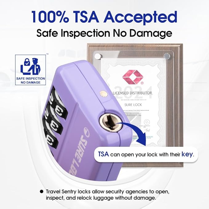 SURE LOCK TSA-Approved 4-Digit Resettable Combination Luggage Lock with Open Alert, Easy-Read Dials - for Luggage, School Lockers, Gym, Office, Toolbox & Security Cases (Purple 2 Pack)