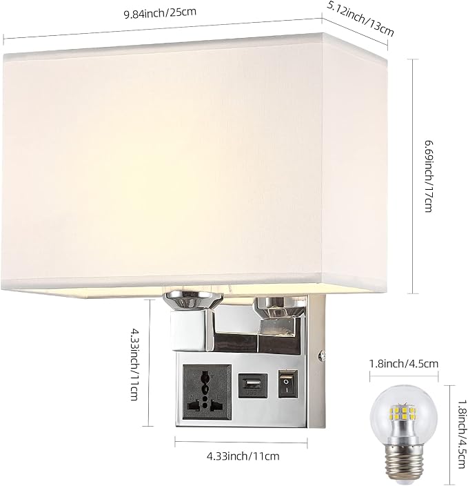 Bedside Wall Mount Light with USB, LED Reading Swing Arm Fabric Shade Wall Sconce, Hardwired Wall Lamp for Bedroom, Living Room Hotel (Chrome)