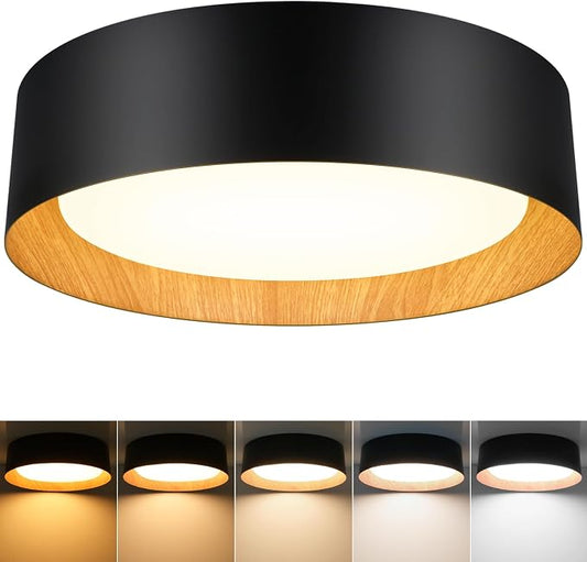 Flush Mount Ceiling Light, 13in Modern Ceiling Light 5 Color Temperature | 25W Bathroom Ceiling Light Fixture, 2600LM Dimmable LED Flush Mount Light for Bedroom, Hallway, Kitchen, Black & Wood
