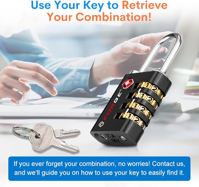 Forge Dual-Opening: Key or Combination Access Lock, TSA Approved Locks for Luggage, Pelican case, Travel, Gym, School, Stainless Steel Shackle. (Black, 4 Pk)