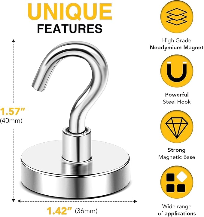 DIYMAG Magnetic Hooks, 170 LB Heavy Duty Strong Magnet with Hook, Rare Earth Neodymium Magnets for Hanging, Magnetics Hanger for Curtain, Home, Kitchen, Workplace, 10 Packs