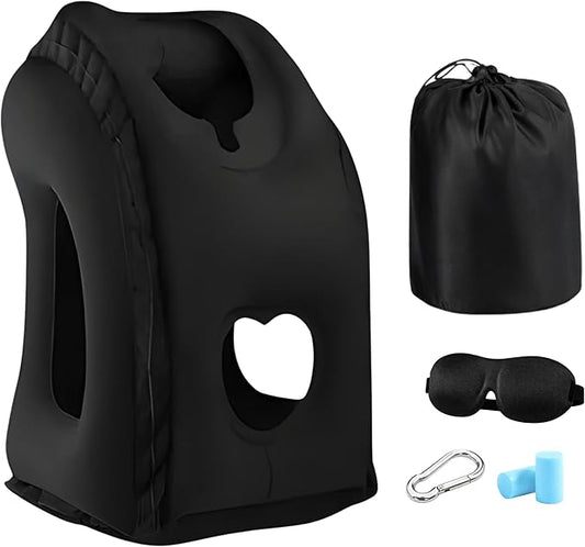 Inflatable Travel Pillows for Airplane-Multi Purpose Blow up Travel Pillow to Prevent Neck,Head,Chin & Shoulder Pain for Travelling Car/Airplane/Office Nap,Home with Eye Mask and Earplugs-Black