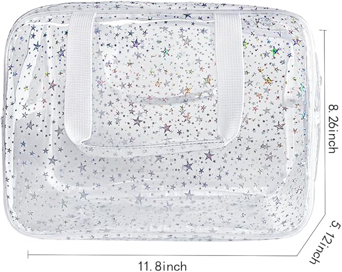 Holographic Star Transparent PVC Cosmetic Bag Clear Makeup Toiletry Carry Pouch Clear Travel Pouch Storage Bag for Vacation Bathroom and Organizing