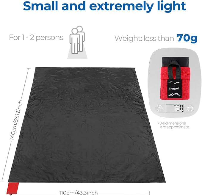 Pocket Picnic Blanket for 1-2 Persons, 43.3x55.12″(2.54oz) Super Light Compact Beach Blanket, SandProof Waterproof Portable Beach Picnic Mat for Outdoor Hiking Camping Travel Festival (Black)