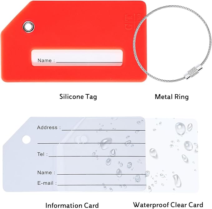14 Pack Silicone Luggage Tag for Suitcases with Stainless Loop, TSA Approved, Privacy Protection Travel Essentials Bag Tags by Gostwo, Red