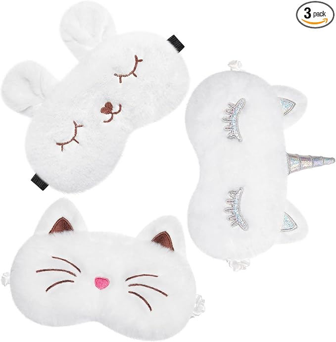 Geyoga Sleep Mask for Kids, Girls Plush Sleeping Eye Cover Soft Eye Blindfold Cover Animal Shade for Kids(White,Cat and Unicorn Style, White)