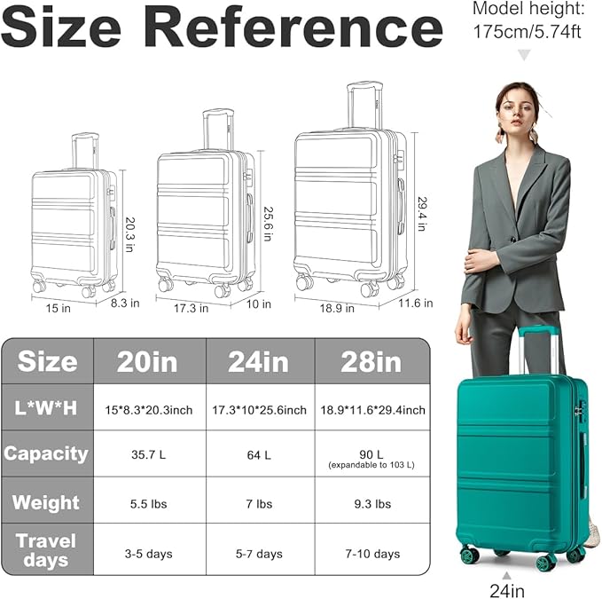 Kono 24 Inch Luggage Suitcase with Spinner Wheels TSA Lock Lightweight PC+ABS Hardside Medium Checked Luggage Durable Rolling Suitcase Turquoise