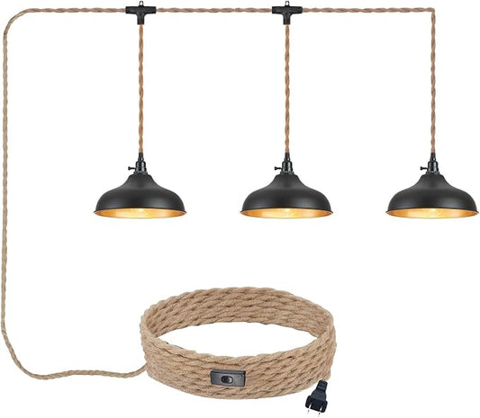 3 Light Plug in Pendant Lights Dome Hanging Lamp with Switch 22 Ft Long Hemp Rope Farmhouse Pndant Light Cord Lighting Fixture DIY Hanging Light