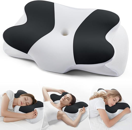 DONAMA Cervical Neck Pillow- Ergonomic Pillows for Pain Relief, Contour Memory Foam Pillow for Side/Back/Stomach Sleepers, CertiPUR-US Certified with Cooling Ice Silk Pillowcase