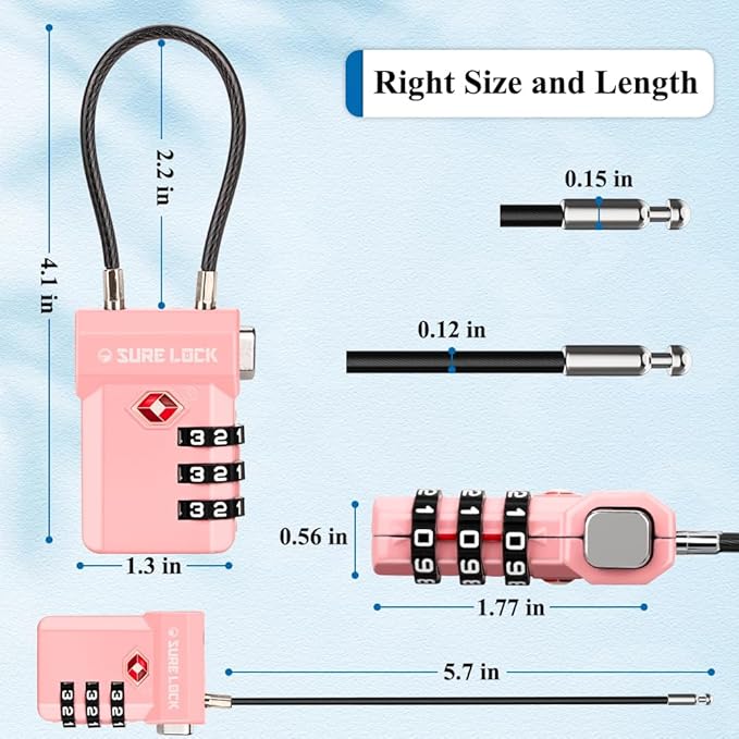 SURE LOCK TSA Approved Luggage Locks – 3-Digit Combination Cable Lock with Red Indicator, Large Dial & Easy-Press Button for Suitcases and Backpacks – Multi-Pack & Color Options