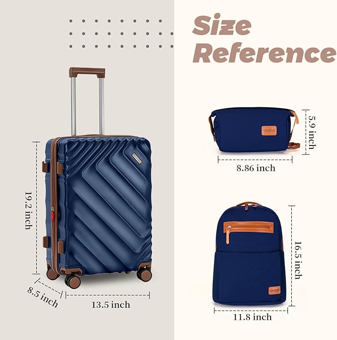 3 piece Luggage Set Expandable Suitcase 22x14x9 Airline Approved Carry on, ABS Hard Case Suitcases with Spinner Wheels, TSA Lock, (DarkBlue, 3 Piece Sets(20/BP/TB))