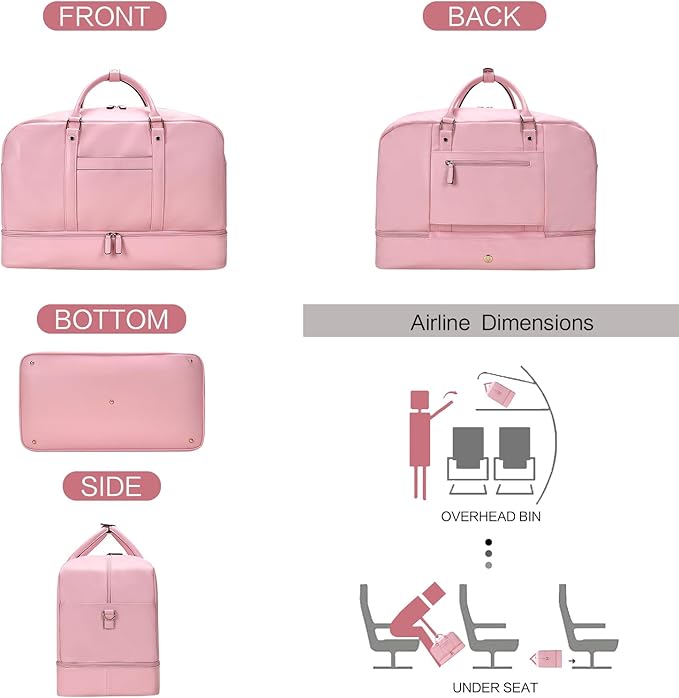 Weekender Bag for Women Men, Large Overnight Bag Faux Leather Travel Duffel Bag with Shoe Compartment Toiletry Packing Cube Carry On Bag Fit 21" Laptop 3Pcs Set (4PCS Pink)