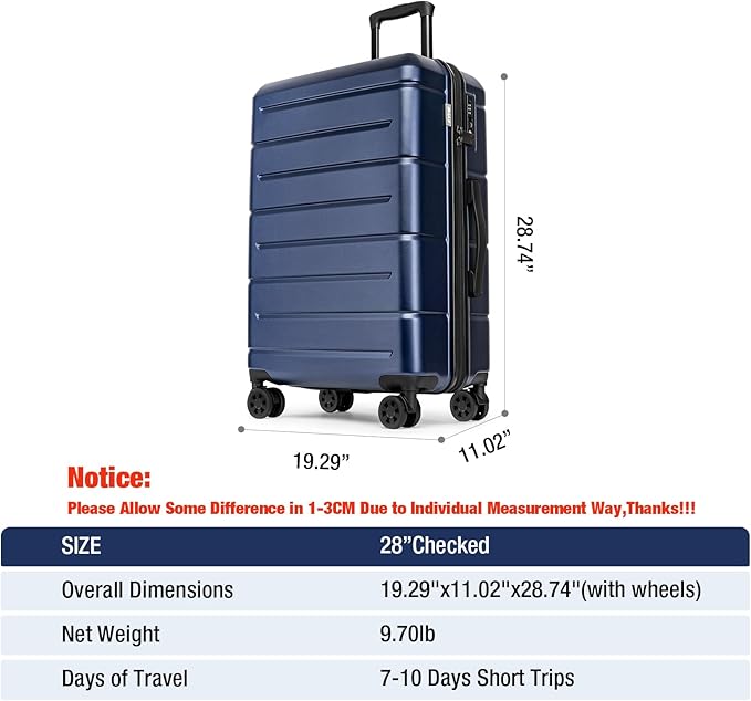 KYME Large Suitcases with Wheels Hardshell 28 Inch Luggage TSA Approved Big Checked Luggage Durable Travel Rolling Suitcase for Women Men Navy