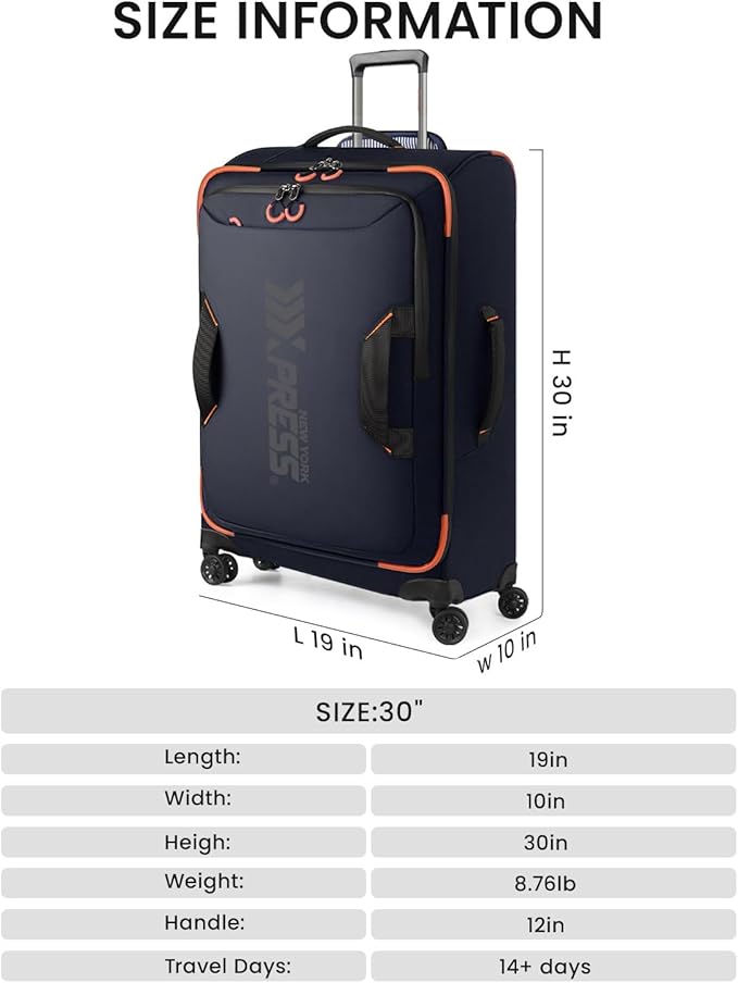 30'' Large Softside Suitcase,Luggage w/Spinner Wheels,Waterproof,Lightweight Travel Suitcase for Men/Women（Blue,30in）