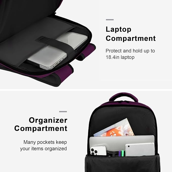 MATEIN Large 45L Travel Backpack for Women, Airline Approved Carry on Backpack with Shoe Compartment, Water Resistant Luggage College Overnight Weekender Travel Bag Fit 18" Laptop, Purple