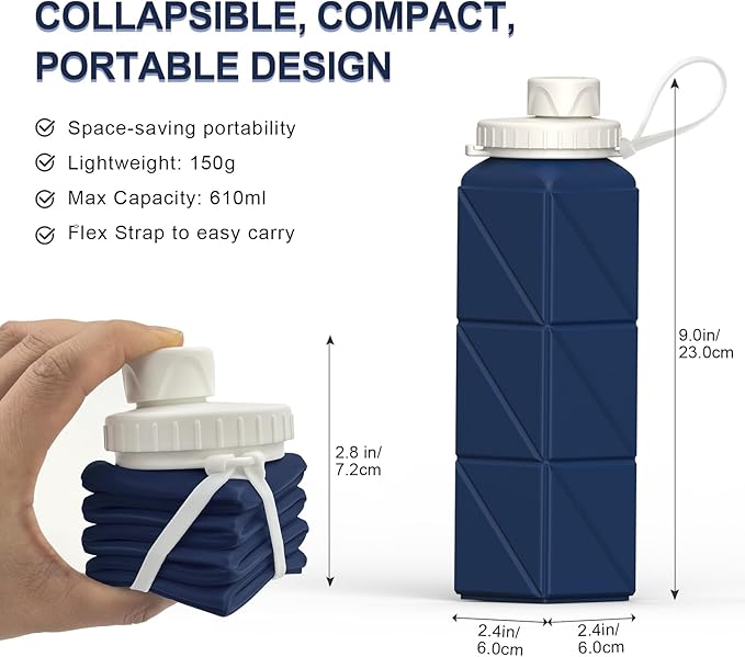 Collapsible Water Bottles 20.6oz, Silicone Foldable Portable Travel Water Bottle, BPA-Free, Leakproof Reusable for Traveling Camping Hiking Sports Outdoor, 2 Pack (Black+Dark Blue)