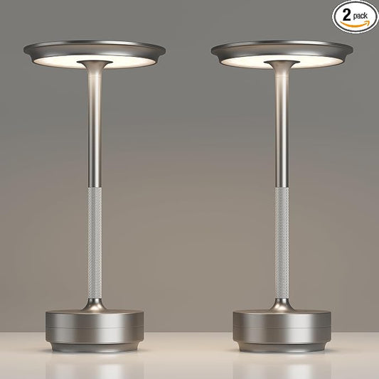 TBBGA 2 Pack Rechargeable Cordless Table Lamp, 5000mAh Battery Table Light | 3 Color Stepless Dimming Portable LED Table Light with Memory Function, for Outdoor/Dinner/Patio/Restaurant.(Silver)