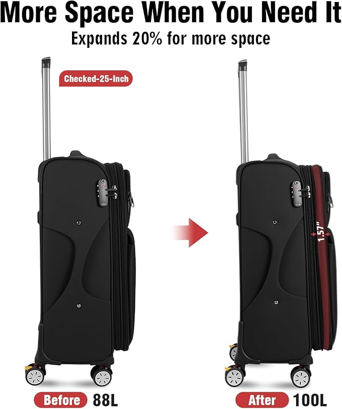 VJI Softside Expandable Checked Luggage with Spinner Wheels, Lightweight Fabric Suitcase with TSA Lock, Smooth Rolling Travel Luggage for Business and Vacation, 25 Inch