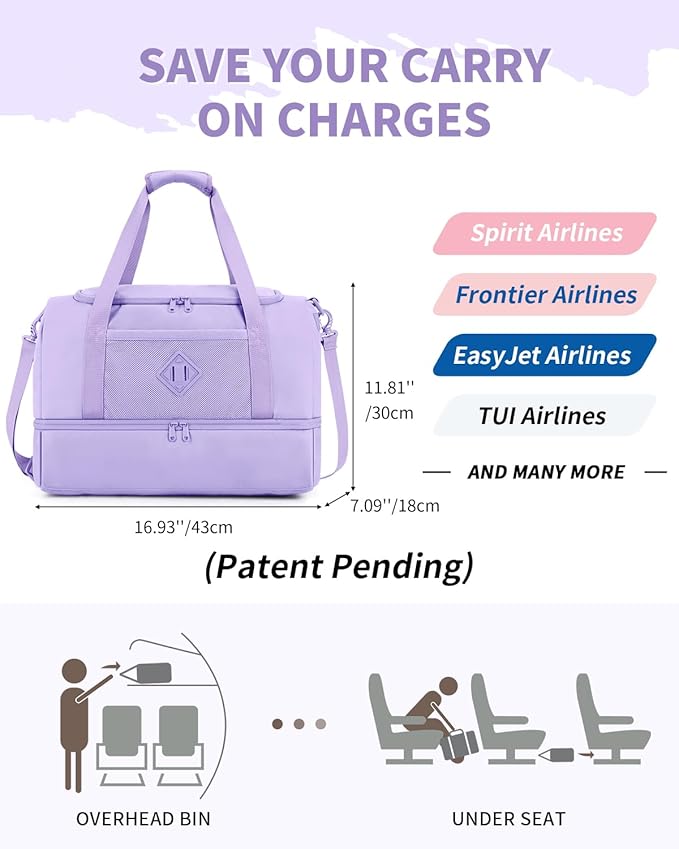 WANDF Travel Duffel Bag with Wet Pocket & Shoe Compartment, 18x14x8 Personal Item Bag with USB Charging Port, Water-Resistant Gym Weekender Overnight Carry-on for Women Men (Purple)