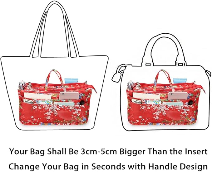BTSKY Printing Handbag Organizers Inside Purse Insert-High Capacity 13 Pockets Bag Tote Organizer with Handle Fashion Style (Festive Flower)