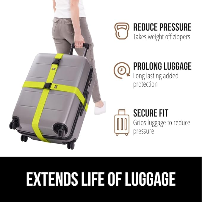 GORILLA GRIP Heavy Duty 8 Pack Adjustable Luggage Straps for Suitcases, Easy to Identify Travel Belt Connector Holds Suitcase Together, Extends Life of Bag, Strap Connects Two Bags, Accessories Yellow