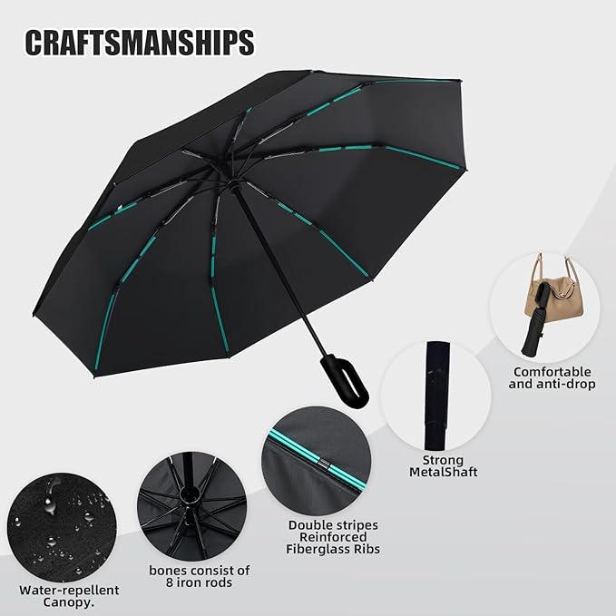 Compact Automatic Folding Travel Umbrella-Windproof Rainproof, PF50+ Sun Protection for Hiking,Outdoor,Chool,Golf Course & Daily Use,Sturdy Multi-Ribbed Frame