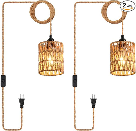 Plug in Pendant Light, Industrial Hanging Light with Plug in Cord Hemp Rope On/Off Switch Farmhouse Pendant Lamp with Plug in Cord, Vintage Hanging Lamps for Dining Room