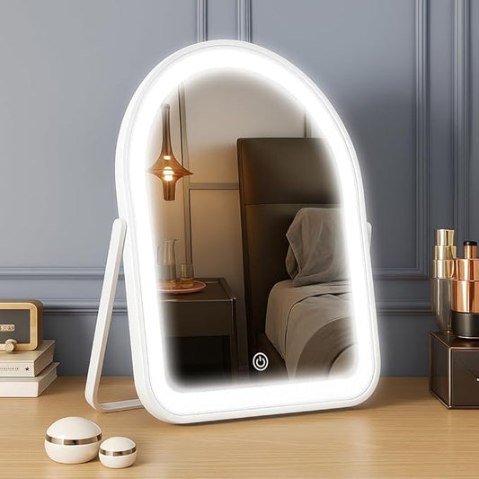 YEKKOPT Rechargeable Vanity Mirror with Lights,10"×7.8" Arched LED Makeup Mirror with Lights, Smart Touch Control Dimmable 3 Modes Light up Mirror for Dorm Desk Dressing Room,Gift for Women