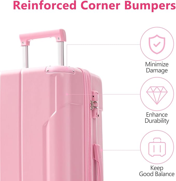 28 Inch Checked-Large Luggage, Lightweight ABS Hard Shell Suitcase with Spinner Wheels, Expandable Travel Luggage with Combination Lock & Side Hooks for Men Women, Pink