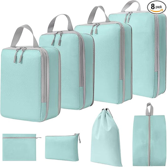 WOOMADA Compression Packing Cubes for Suitcases Travel Essentials 8 Set Expandable Travel Bags Organizer for Luggage(turquoise)