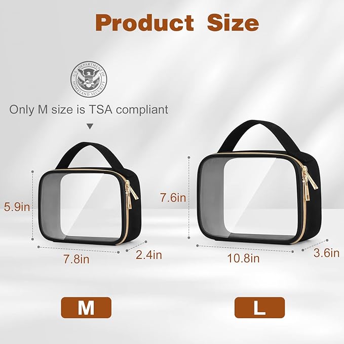 Wedama Clear Toiletry Bag, 2 Pack Clear Makeup Bags with Handles, PVC Cosmetic Bags for Women and Men, Large Opening Toiletry Bags, Black