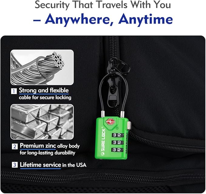 SURE LOCK TSA Approved Combination Luggage Locks with Open Alert Indicator – Durable Zinc Alloy Cable Travel Locks with Large Easy-Read Dials for Suitcases, Backpacks & Gym Bags （Green 2 Pack