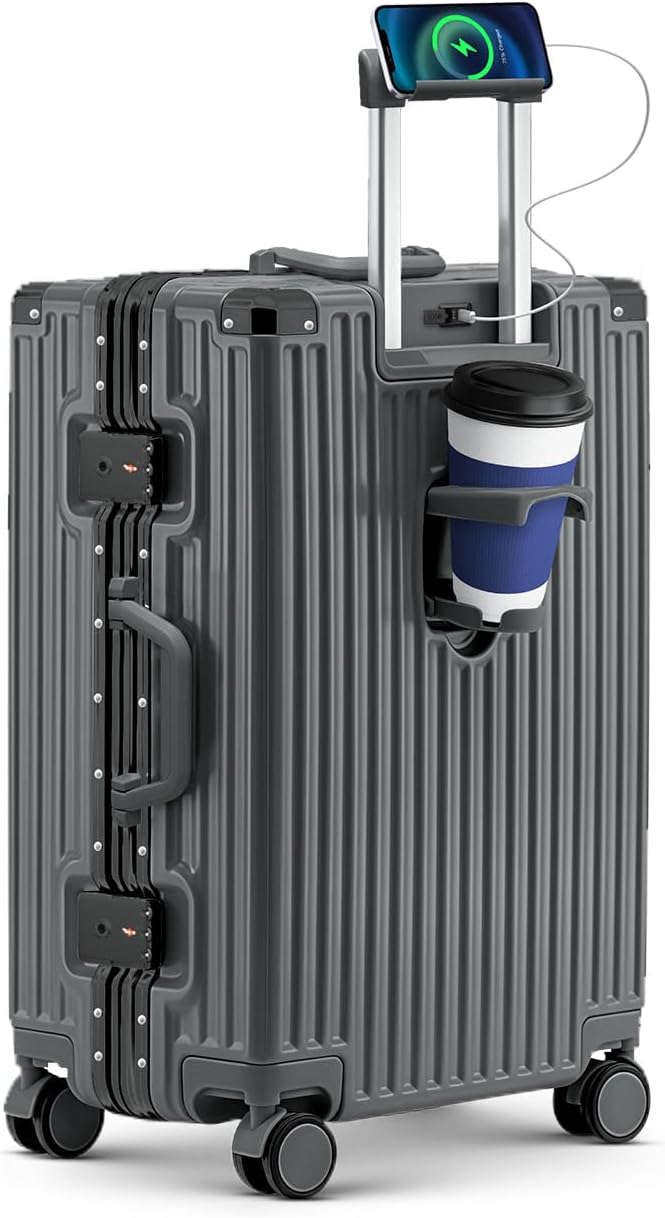 20 Inch Carry On Suitcase, Aluminum Frame Zipperless Hard Shell Luggage with Spinner Wheels, TSA Lock, USB Charging Port, Phone Holder, Cup Holder for Business Travel and Trips, Grey