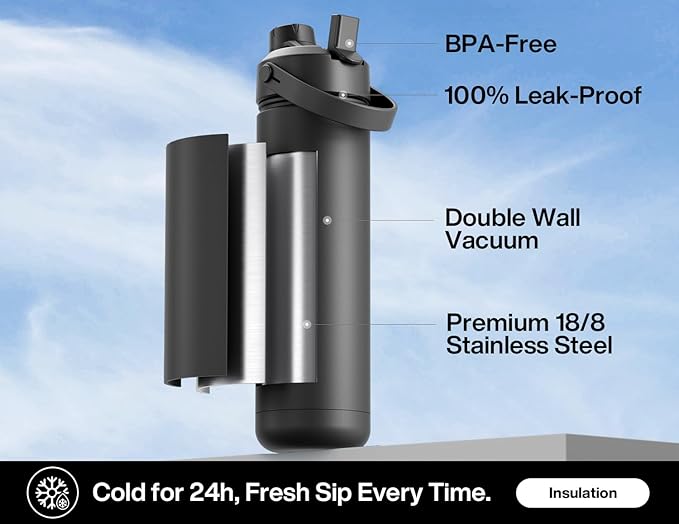 POWCAN 26 oz Insulated Water Bottle with 2-in-1 Straw and Spout Lid, Keep Cold 24H, Leak-Proof, Fits in Car Cup Holder, Stainless Steel Water Bottle for Gift, Holiday, Trip and School (Midnight Kiss)