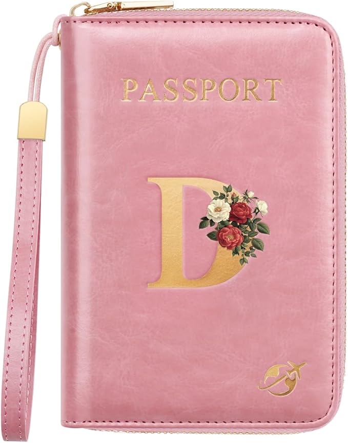 Passport Holder for Travel Personalized Passport Holder Initial Letter Rose Flower RFID Blocking Travel Wallets Credit Cards Holder for Women Men, Pink D