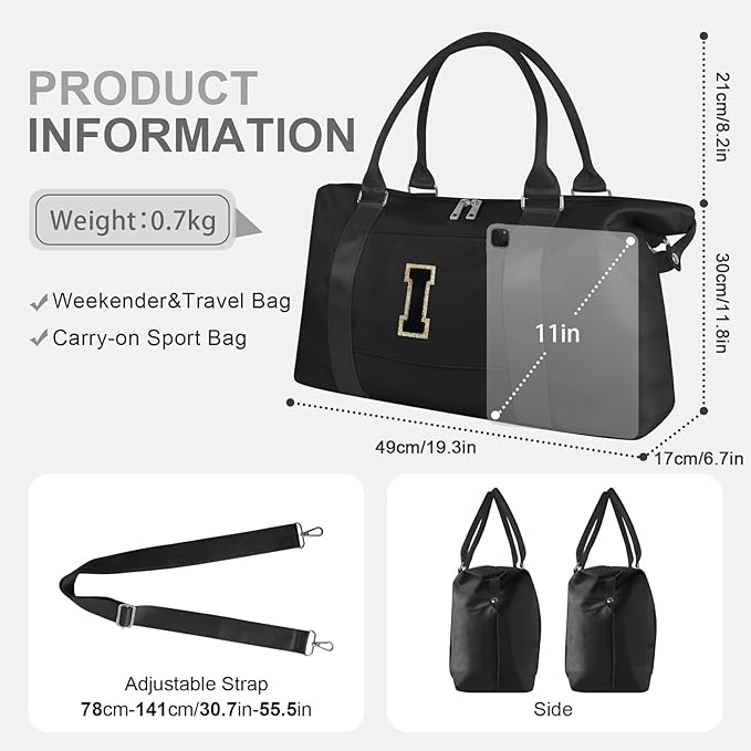 Dance Gym Duffel Bag for Teen Girls, Personalized Initial Travel Weekender Bag,Cute Overnight Carry On Duffle for Women,Sports Travel Cheer Bag,Monogram Christmas Gifts for Tween Preppy(black-I)